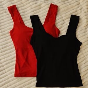 Two XS Strapped Black and Red Tops